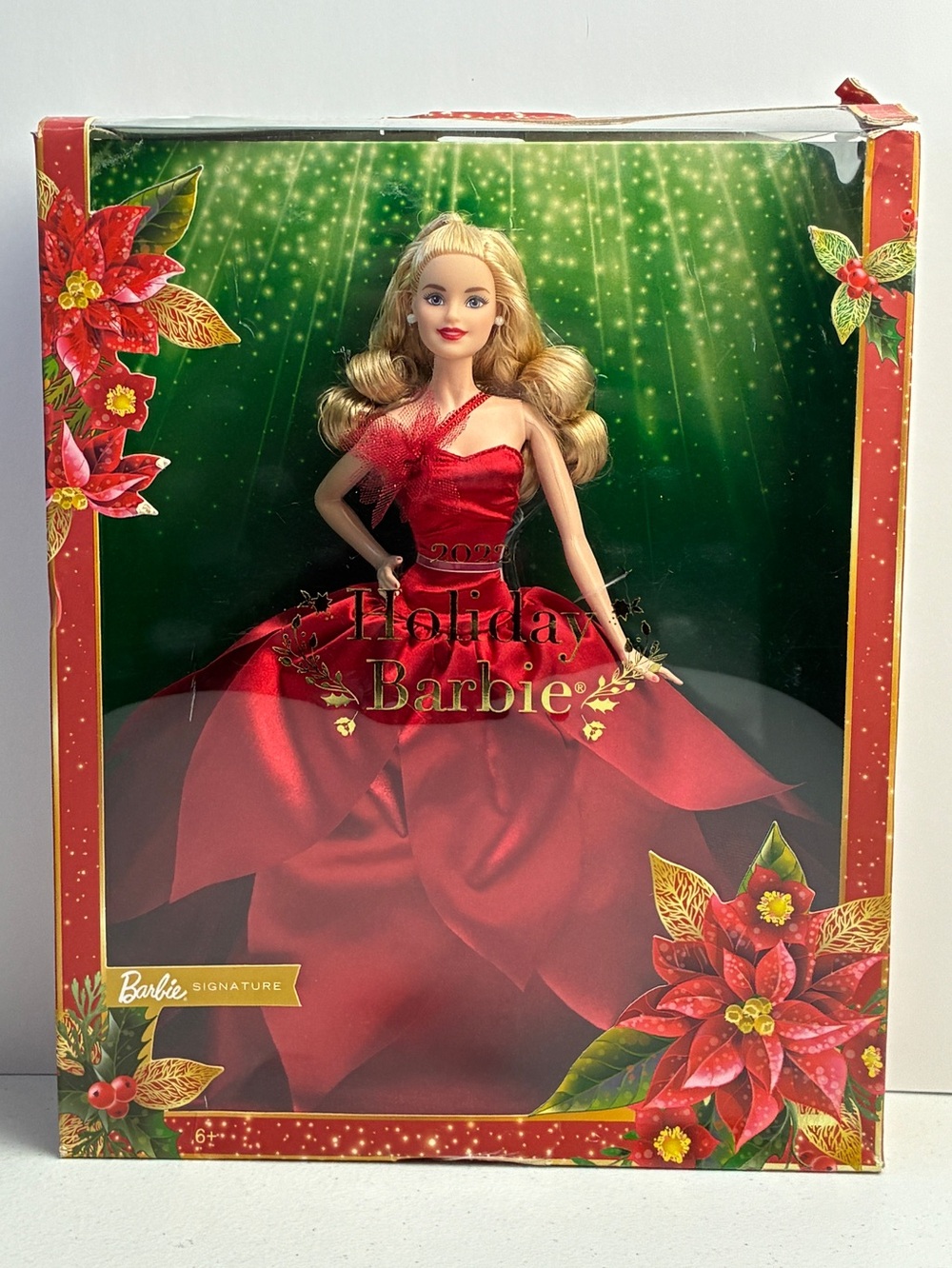 Barbie Signature 2022 Holiday Doll Blonde Hair Red Poinsettia Dress Mattel